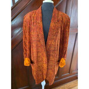 Ellen Tracy Womens Silk Long Blazer Size 14 Orange Leaf Pattern Dry Clean